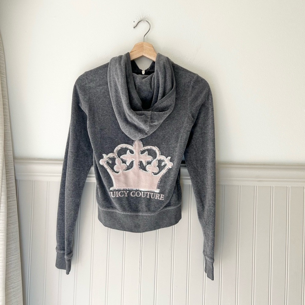 RARE Y2K Juicy Couture Velour Zip Hoodie Gray Pink Sequin Crown Back Womens